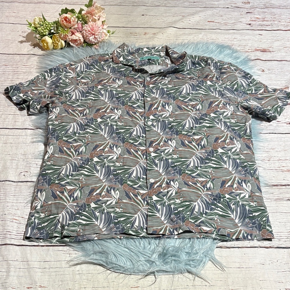 Mio Marino Tropical Leaf Print Men's Button Down Short Sleeve Shirt sz L